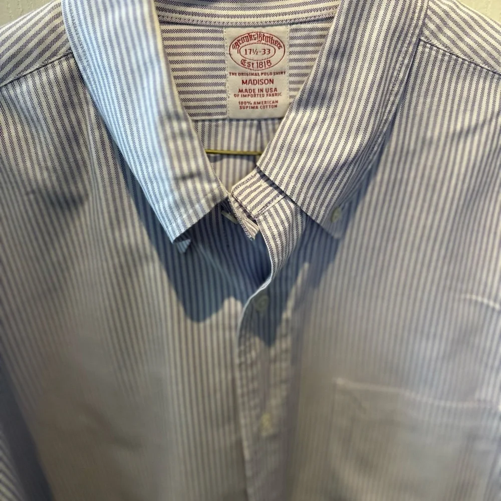 Brooks Brothers Shirt Adult 17.5 33 Non Iron Madison Purple Striped Button Down - Picture 4 of 8